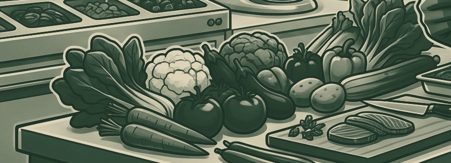 Verduras y tabla de corte en una cocina profesional