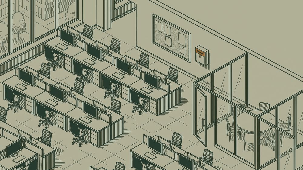 Oficina diáfana con puestos de trabajo, sala de reuniones acristalada y buzón de comunicaciones