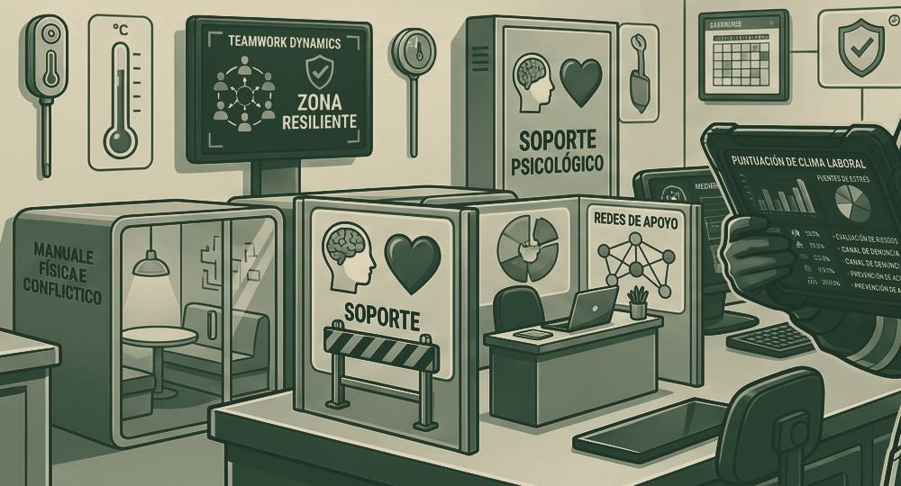 Oficina con carteles de soporte psicológico y redes de apoyo