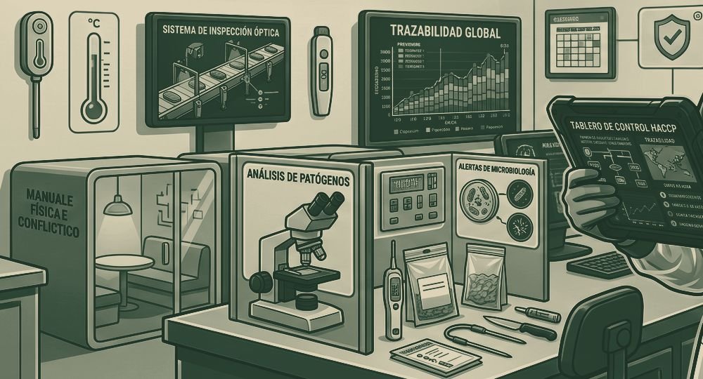Laboratorio de control de calidad alimentaria con microscopio y pantallas de trazabilidad
