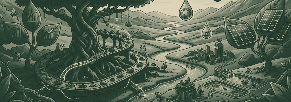 Paisaje con un árbol, un río, paneles solares y un ciclo de recursos