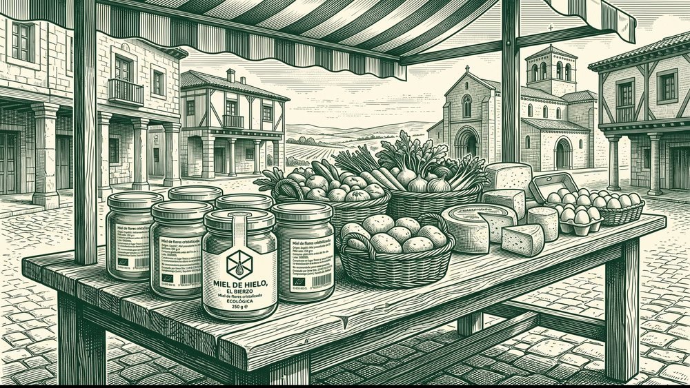Puesto de productores con miel, verduras, quesos y huevos en una plaza de pueblo